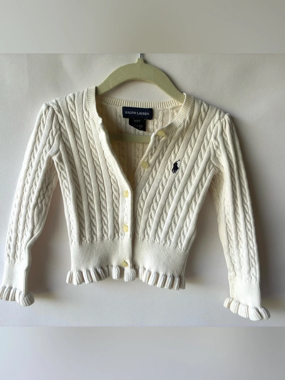 Ralph Lauren Girls 2T Ivory Cable Knit Cardigan Sweater Ruffle Hem